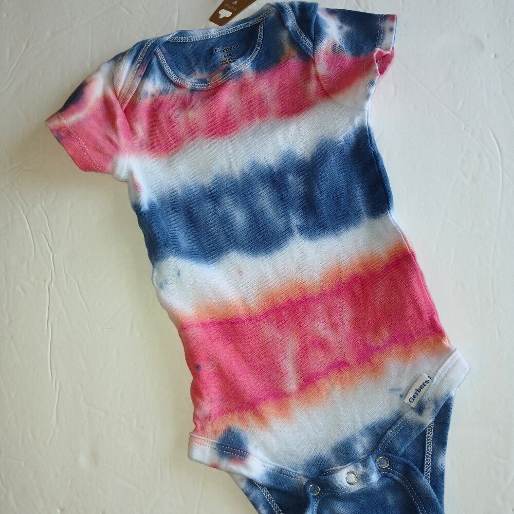 Tie Dye Red White Blue Stripe Baby Snap Crotch Body Suit for July 4th 6-9 Months